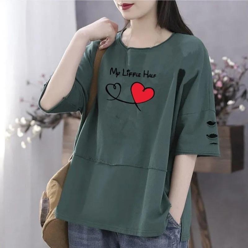 Loves Print Pattern Свободная футболка Хлопковый материал Женский топ с короткими рукавами и круглым вырезом Ретро Литературный стиль Простой повседневный Harajuku Для поездок на работу Лето