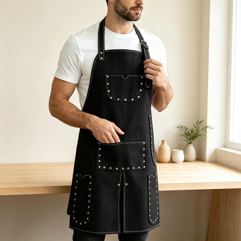 Unisex Work Apron Double-sided Fleece Rivet Multi-pocket Durable Salon Coffee Woodworking Kitchen