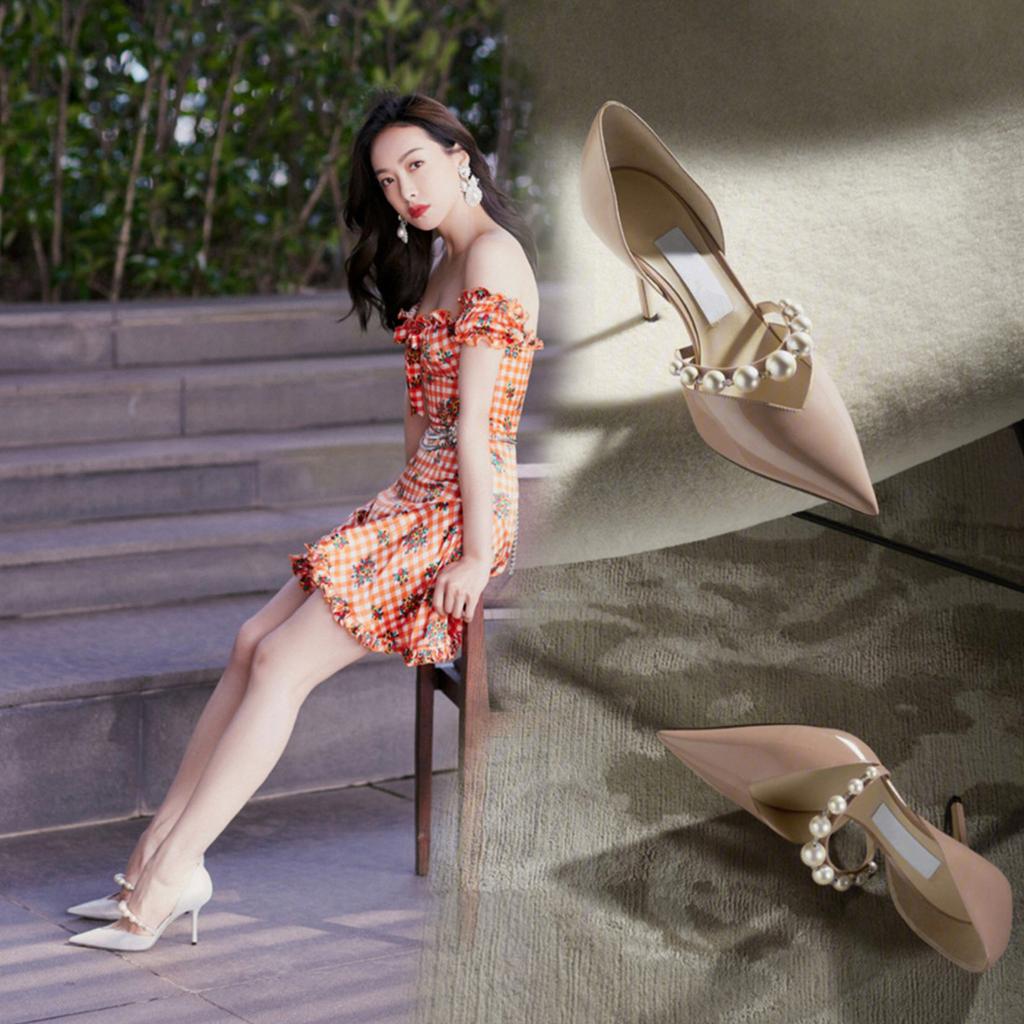 Новые модные черные туфли из лакированной кожи с жемчугом, французские туфли на высоком каблуке с острым носком, женские туфли на шпильке