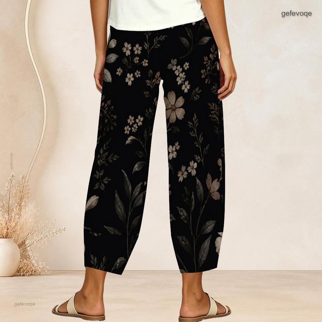 Women Plus Size Floral Printed Loose Cross Hem Cropped Pants