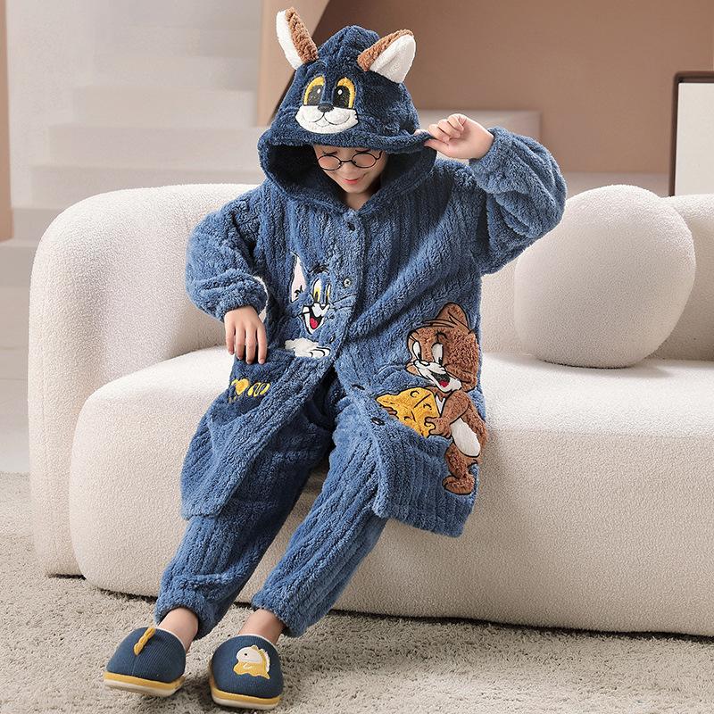 Kids Flannel Pajamas Set Boys Girls Warm Long Sleeve Top And Pants Sleepwear Winter Home Nightwear