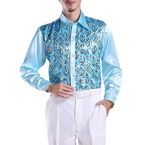 Мужская роскошная рубашка с блестками, однобортная однобортная рубашка с лацканами и длинными рукавами для свадебной сцены, приталенная официальная повседневная рубашка, топы