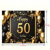 One 50th birthday party banner - elegant black and gold background, with balloons, gift boxes and stars, festive decorations