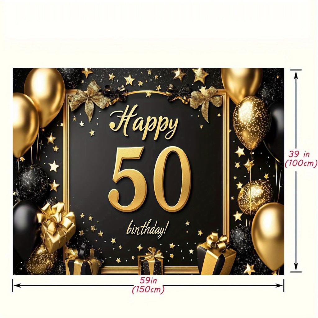 One 50th birthday party banner - elegant black and gold background, with balloons, gift boxes and stars, festive decorations