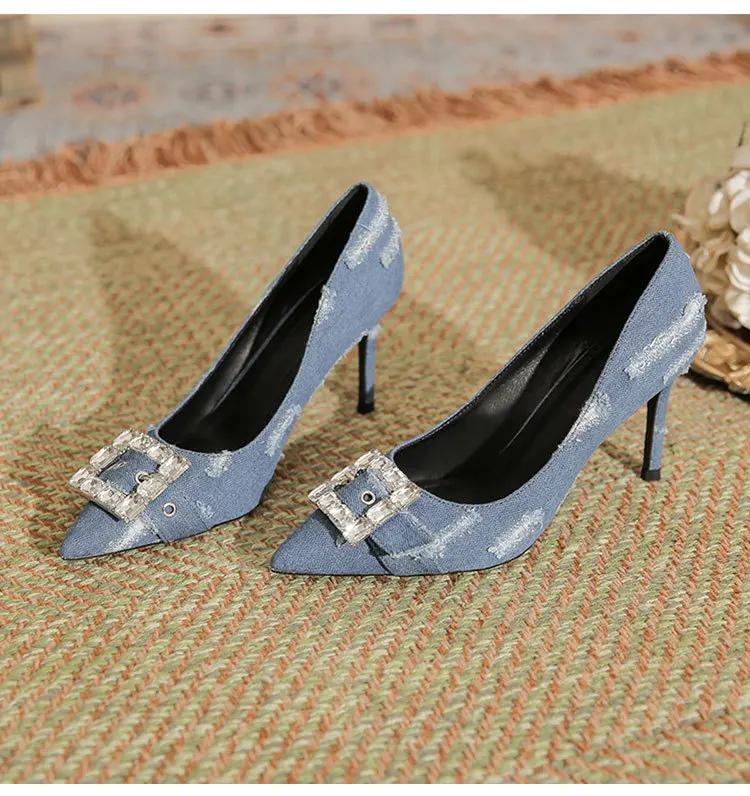 Модные женские сексуальные синие джинсовые туфли со стразами на высоком каблуке летние корейские модные босоножки с острым носком туфли-лодочки на тонком каблуке вечернее платье повседневная обувь