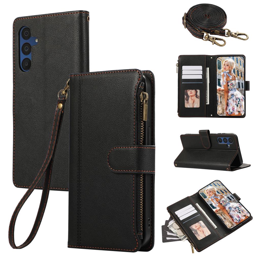 For Samsung Galaxy A16 4G/5G/A26 5G Case Multi Card Slots Zipper Leather Phone Cover with Shoulder Strap/Wrist Strap