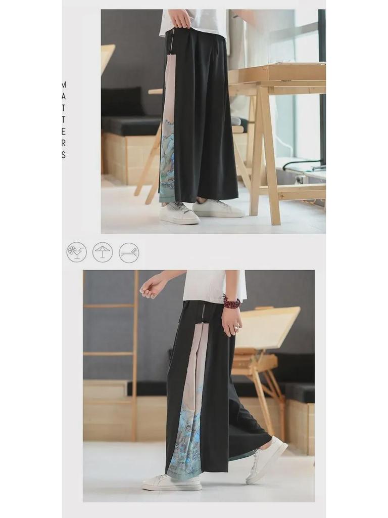 Мужские летние брюки Ханфу из ледяного шелка: Древний стиль, китайский принт, свободный крой Nine-Point