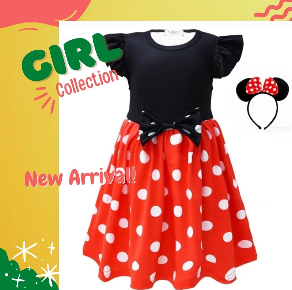[Sai Sai] Minnie Mouse Dress, Polka Dot Print, Princess Style, Cute [Polka Dot Ribbon Dress], Stylish Minnie Mouse Dress, Kids' Clothing, Includes