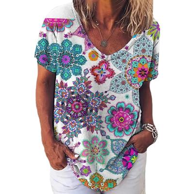 Женская футболка с v-образным вырезом, летняя верхняя одежда с короткими рукавами, модная повседневная женская одежда с цветочным принтом, свободная футболка с забавным графиком для женщин