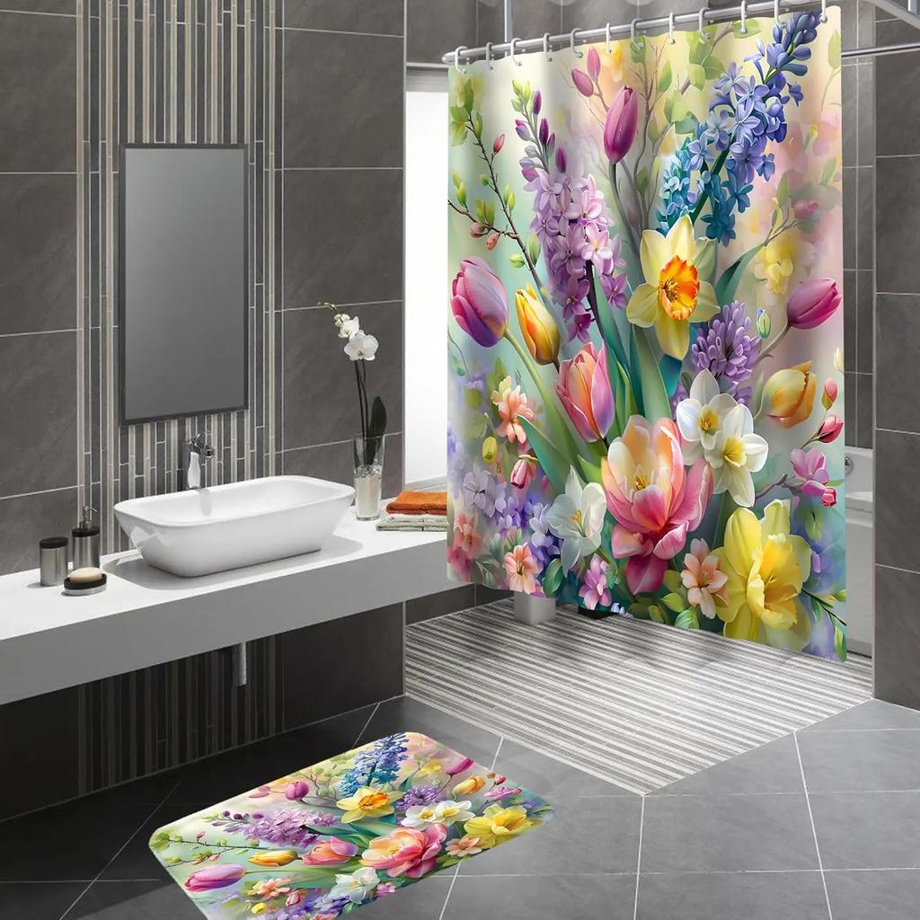 4Pcs Shower Curtain Sets,Colorful Flower Bathroom Curtains Shower Set, Bathroom Decor Sets,Shower Curtain for Bathroom with Rugs