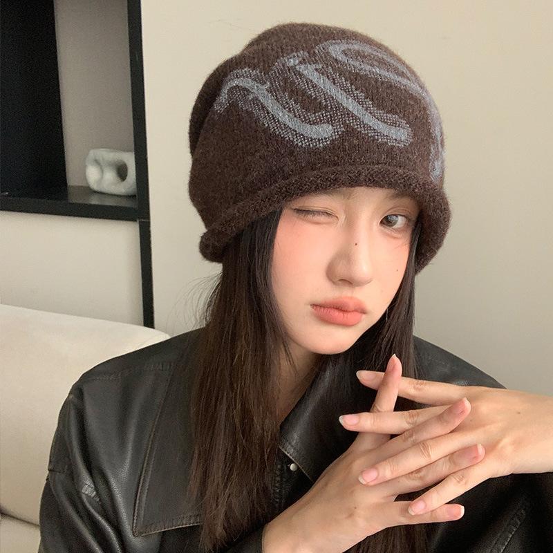Autumn and winter letter jacquard warm knitted hat children outdoor travel ear protection pullover hat street personality pile cold hat