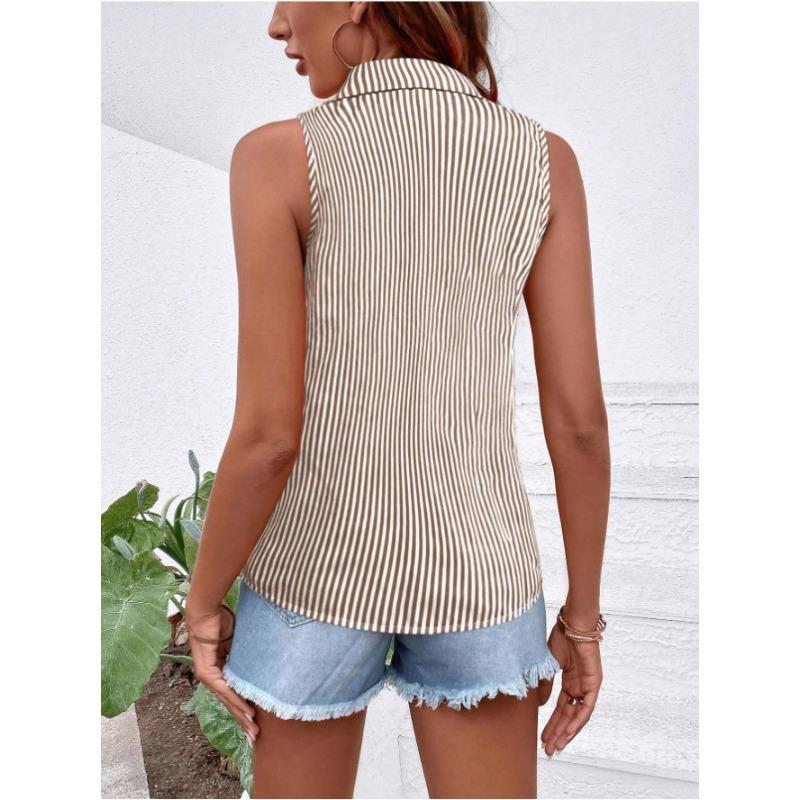 JKASHDK Женская Мода Повседневные Летние Весенние Блузки и Рубашки Без Рукавов с Поло-Воротником в Полоску