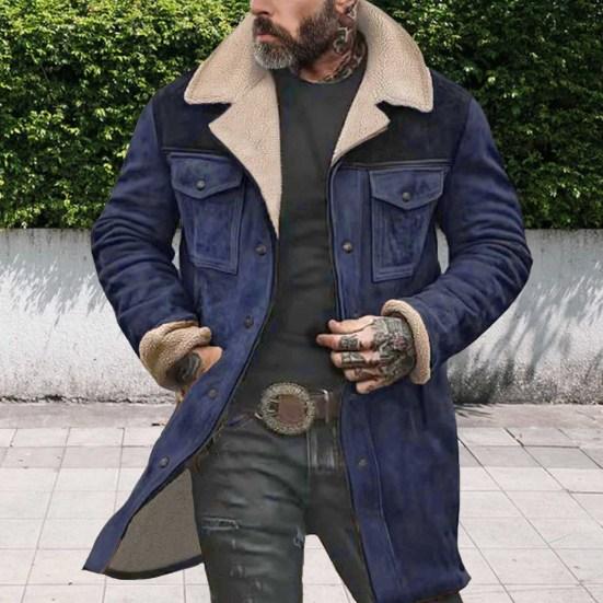 Men Jacket Large Plush Lapel Long Sleeve Vintage Suede Jacket with Pockets Zipper Up Mid-length Motorcycle Coat