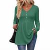 Women's Casual Fashion V-Neck Button Solid Color Long Sleeve Top