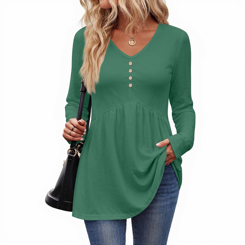 Women's Casual Fashion V-Neck Button Solid Color Long Sleeve Top