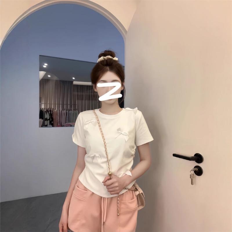 Женская футболка с короткими рукавами и открытыми плечами, стереоскопический бант, корейский топ Sweet Sister без талии
