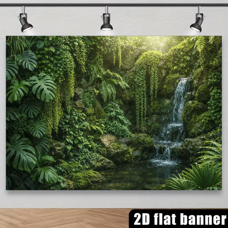 2D Тропические Джунгли Фон Водопад Зеленые Листья Фотофон