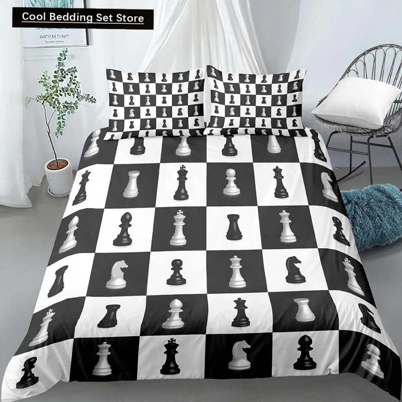 International Chess King Queen Duvet Cover Chess Board Bedding Set Black White Grid Quilt Cover Plaid Polyester Comforter Cover