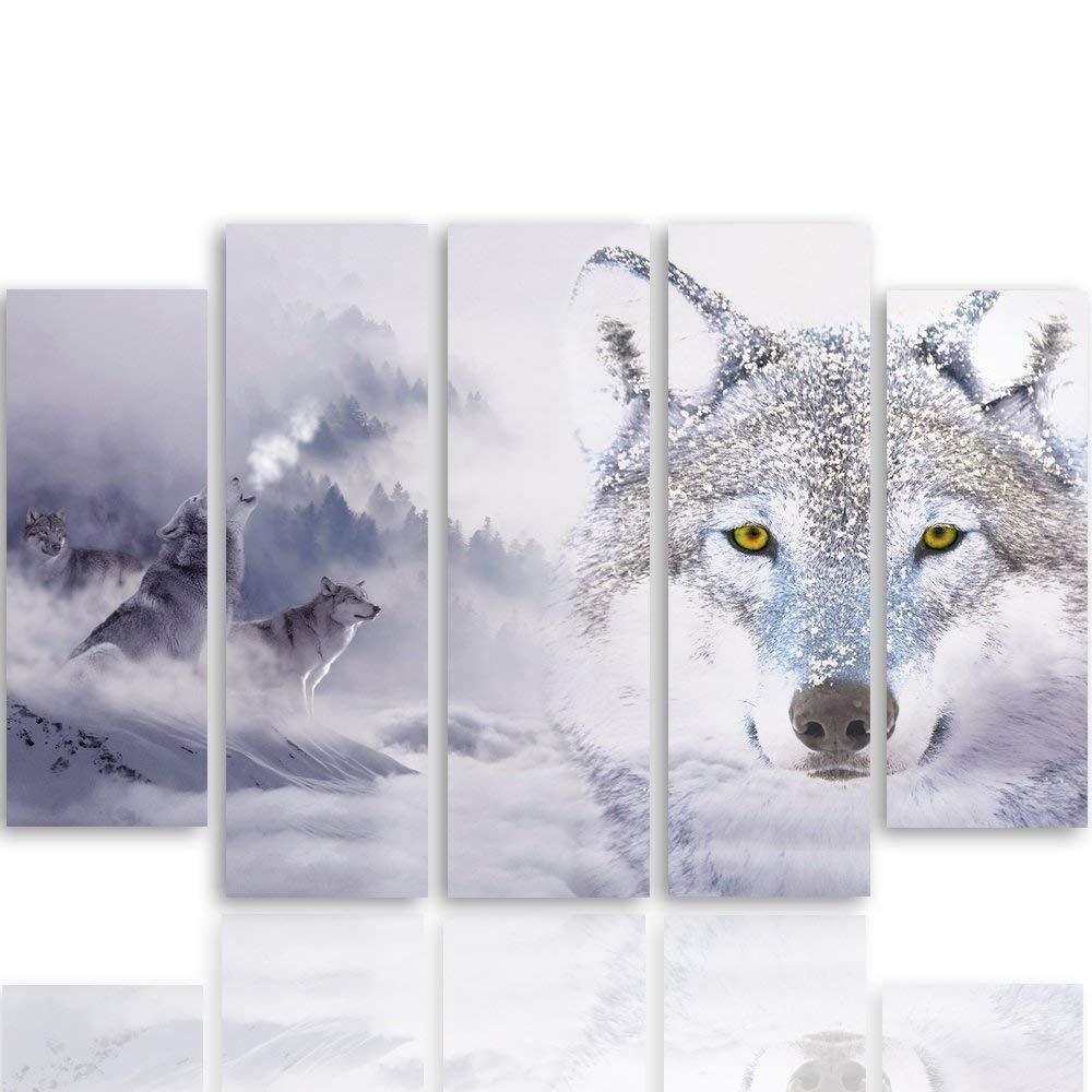 Feeby Five piece picture canvas print, Wild wolf in the snow
