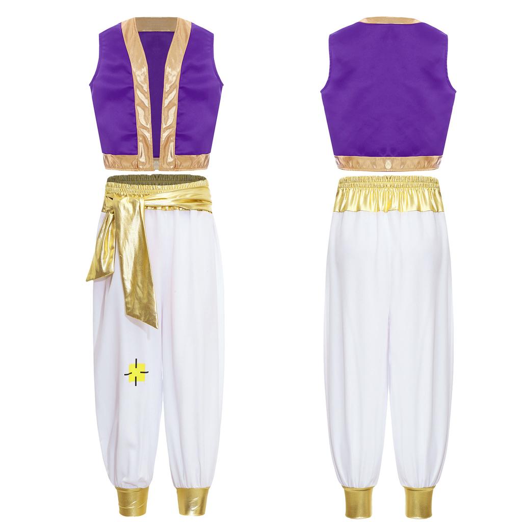 Mythical Cosplay Outfits Arabian Prince Kings Costume Halloween Roleplay Outfit Trim Waistcoat with Belted Pants