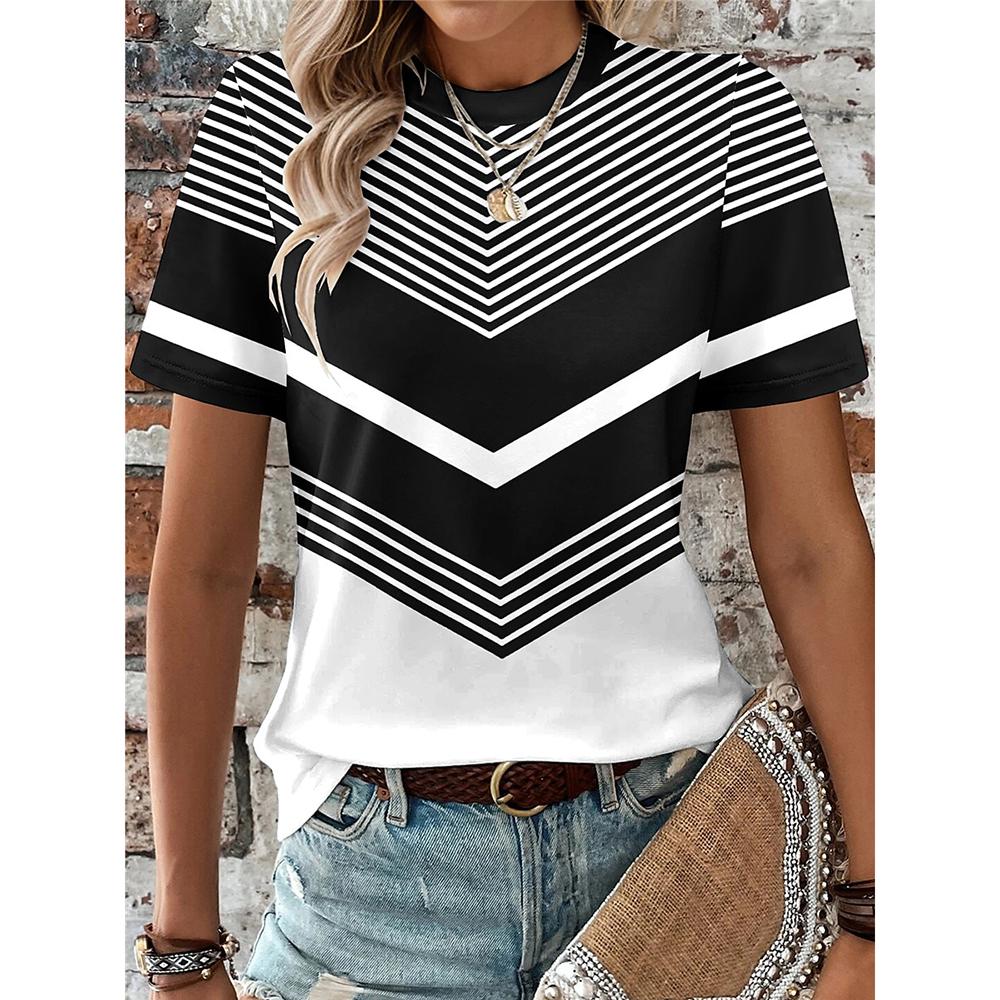Women's T-Shirt 3d Stripe Line Printed T Shirt For Women Funny O Neck Short Sleeve Pullover Geometry Pattern Female Clothing