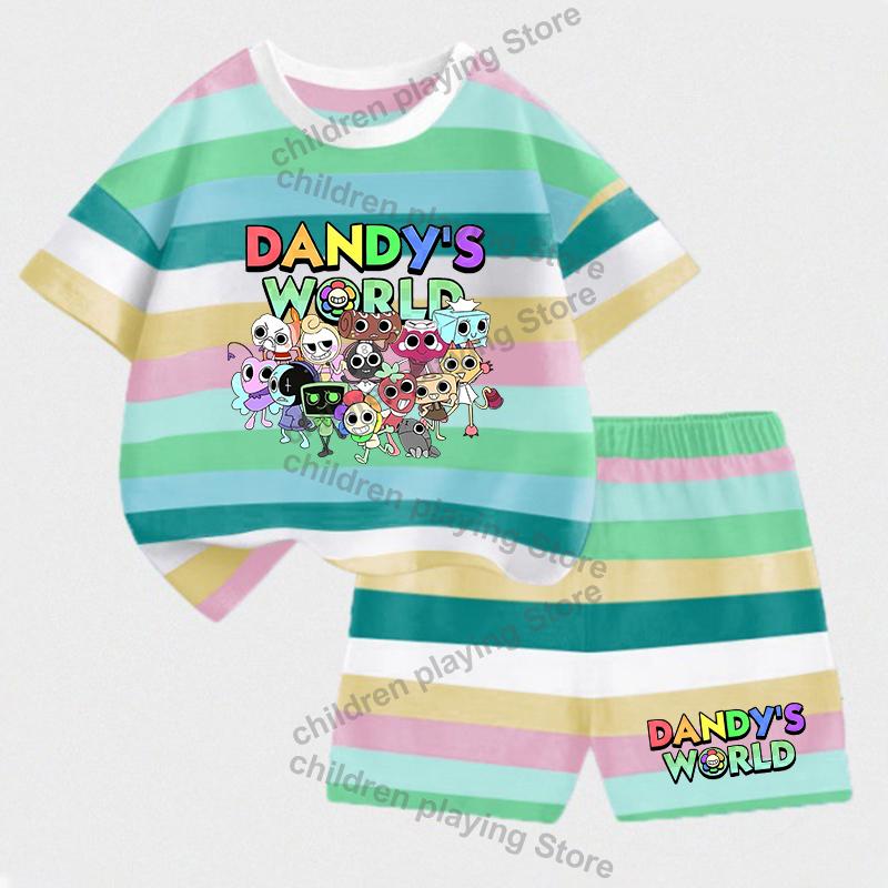 Dandys World Детские полосатые комплекты Летние футболки с шортами для девочек и мальчиков Костюмы с милым принтом Повседневная спортивная одежда Детская одежда для сна Подарки