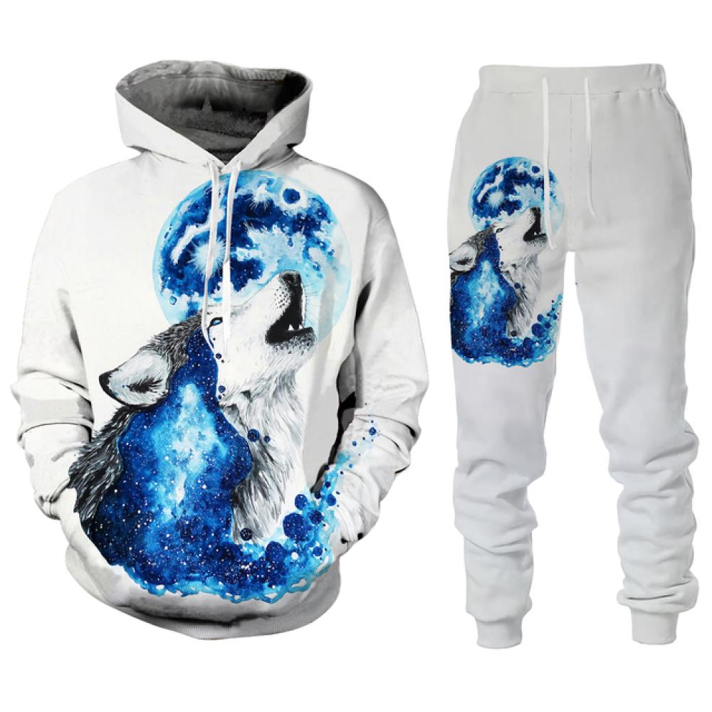 Модная уличная одежда, мужские комплекты, спортивные костюмы, новые мужские толстовки с принтом волка и спортивные штаны, костюм из двух предметов, повседневная мужская одежда с капюшоном