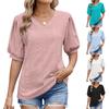 Women's Fashionable Solid Color V Neck Casual Bubble Short Sleeved T-shirt Top