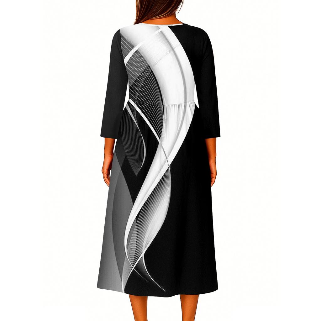 Женское модное платье-рубашка свободного кроя с принтом, круглым вырезом и рукавами семь четвертей на пуговицах