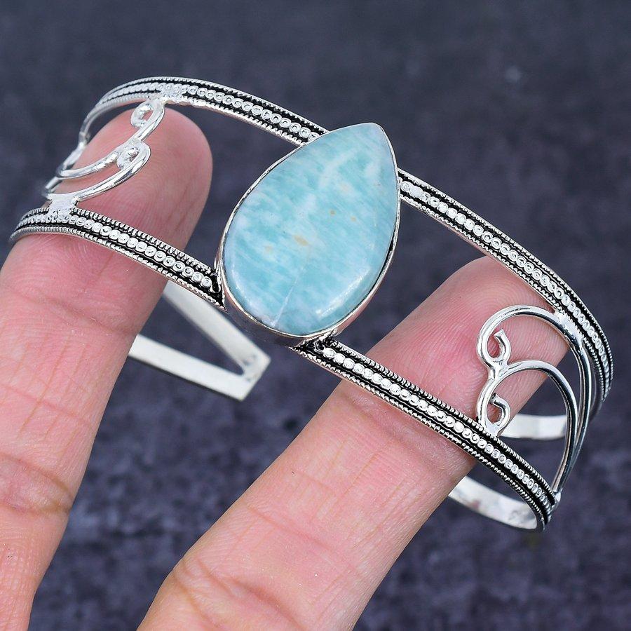 Натуральный Амазонит Драгоценный Камень 925 Стерлинговое Серебро Манжета Браслет Регулируемый L8Z49