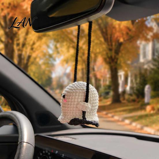 Cozy Yarn Craft Ornament Cute Crochet Ghost Car Ornaments, Handmade Mini Knitted Doll, Hanging Accessory Decorative Rearview Mirror for Auto Interior
