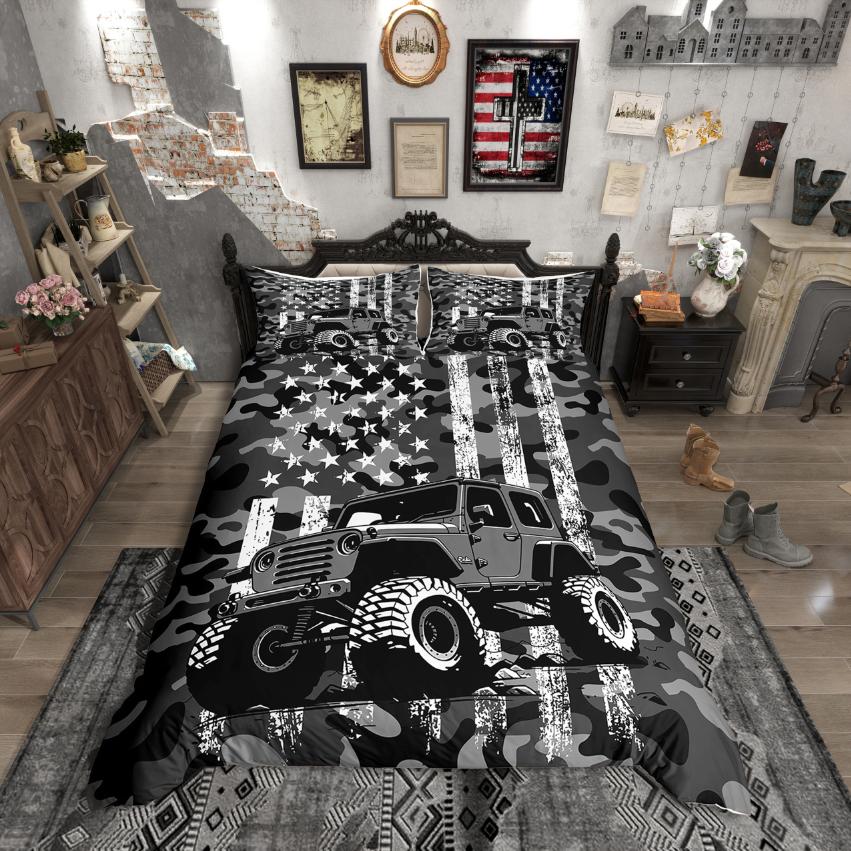 Homewish American Flags Duvet Cover Set,Retro Camouflage Comforter Cover Set,Green White Bed Set For Teens