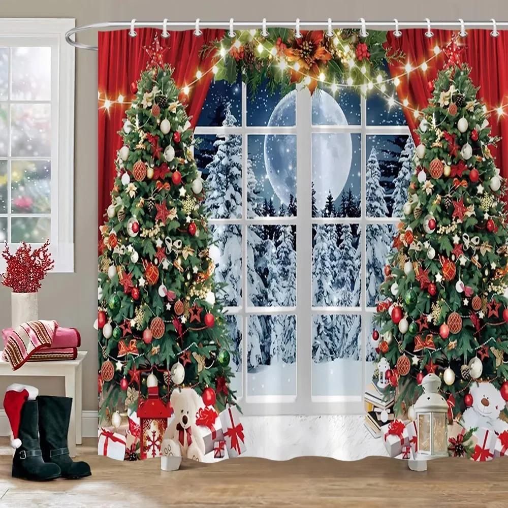 Рождественская вечеринка Занавески для душа Камин Рождественская елка и подарки Снеговик Снежная сцена Моющаяся занавеска для душа Арт Декор для ванной