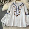 Женская блузка в этническом стиле с круглым вырезом и вышитыми рукавами-фонариками в стиле ретро, ​​летние женские топы с цветными блоками