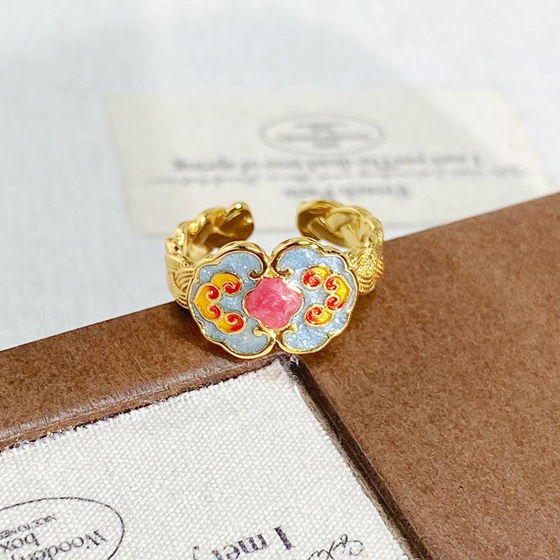 Flowering Color Medieval Enamel Open Ring Retro National Tide Pattern Personalized Heavy Industry Exquisite Niche Ring Woman