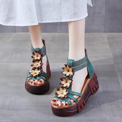 Ретро женские сандалии с цветами Летние туфли на плоской платформе Сандалии женские кожаные гладиаторские сандалии