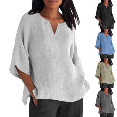 Женская летняя свободная футболка с v-образным вырезом и рукавами три четверти, хлопок и лен, однотонный повседневный топ
