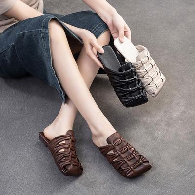 Дышащие тапочки на плоской подошве из натуральной кожи с квадратным носком, универсальная женская обувь в стиле ретро