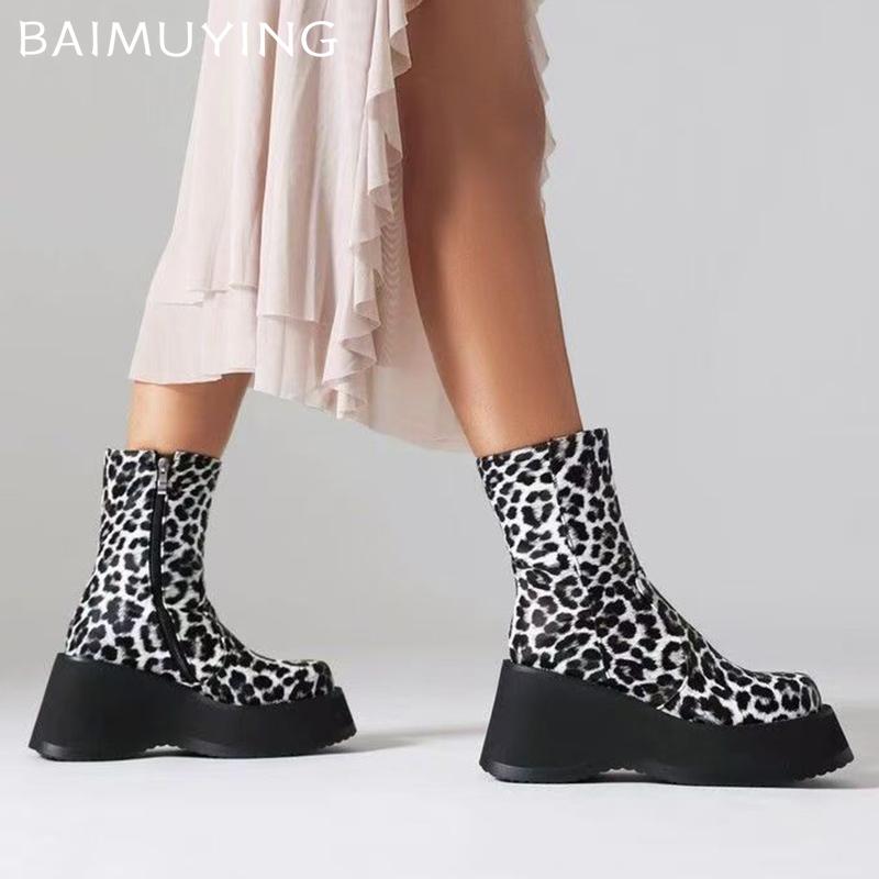 Leopard Platform Women Ankle Boots Fad Wedges High Heels Leather Shoes 2025 Trend Designer Goth Winter Motorcycle Botas De Mujer