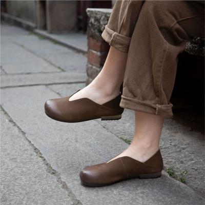 Лоферы Однотонные Туфли-балетки с круглым носком Ретро Удобные из натуральной кожи Женские слипоны