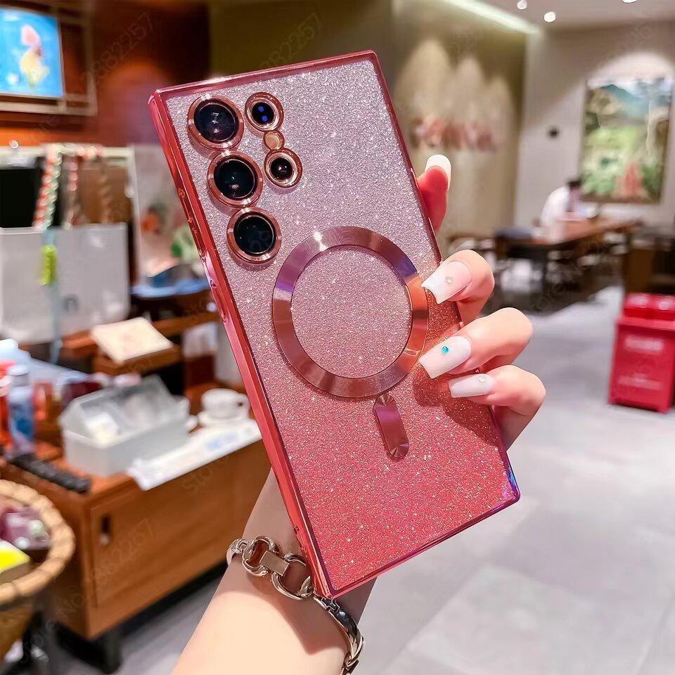 Роскошное покрытие с блестками для магнитного чехла Magsafe для телефона Samsung Galaxy S25 S24 S23 S22 S21 Ultra, мягкий чехол с беспроводной зарядкой