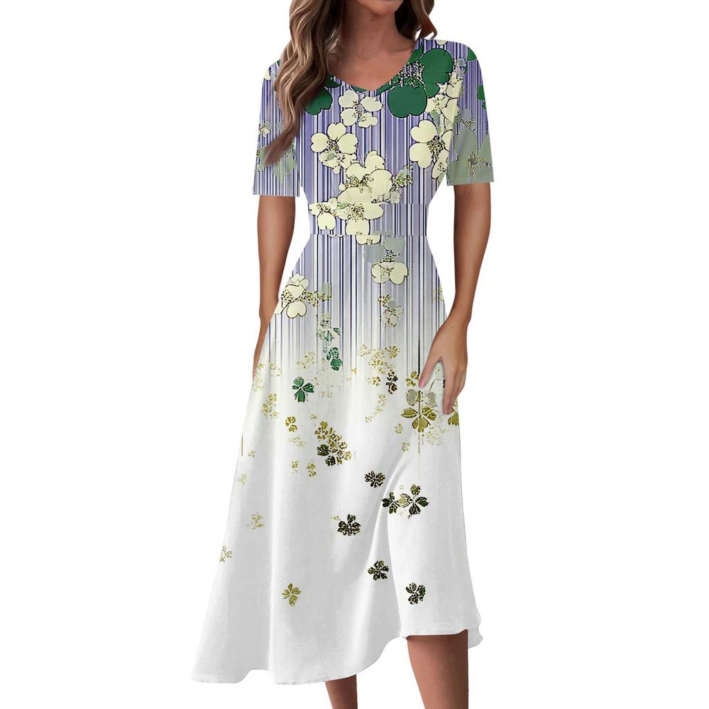 Женская повседневная мода Цветочный (лист) Платье-халат с принтом, V-образным вырезом, короткими рукавами и длинной юбкой-халат
