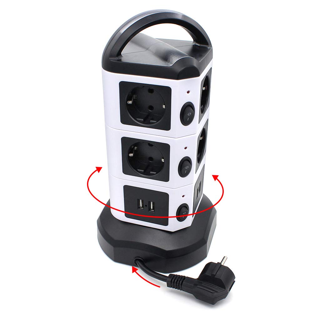 Tessan Удлинитель Tower, вертикальная защита от перенапряжений, 6/10/14 розеток европейского стандарта с защитой от перегрузки USB, удлинитель 2 м