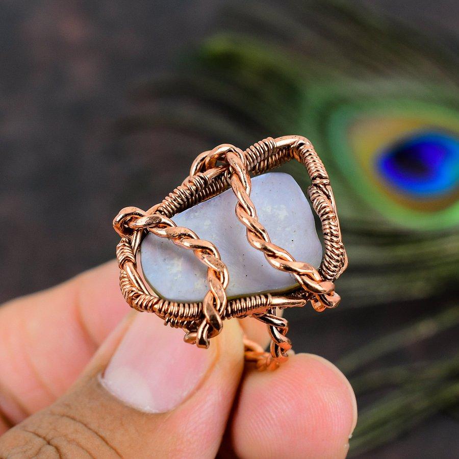 Натуральный синий кружевной агат, драгоценный камень, кольцо ручной работы из медной проволоки, размер 8 n5w13