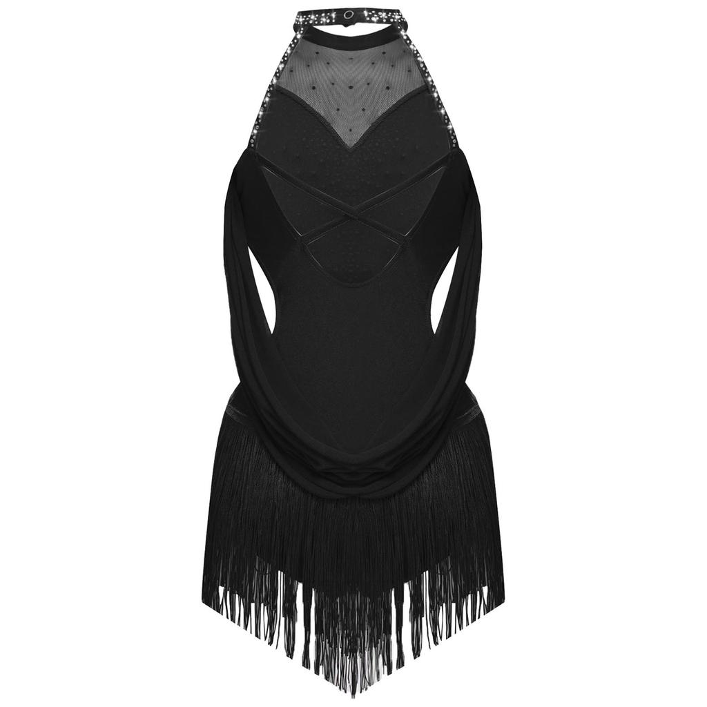 Girls Latin Dance Leotard Ruched Mesh Drapes Cutout Tassel Design Glittery Rhinestones Costume