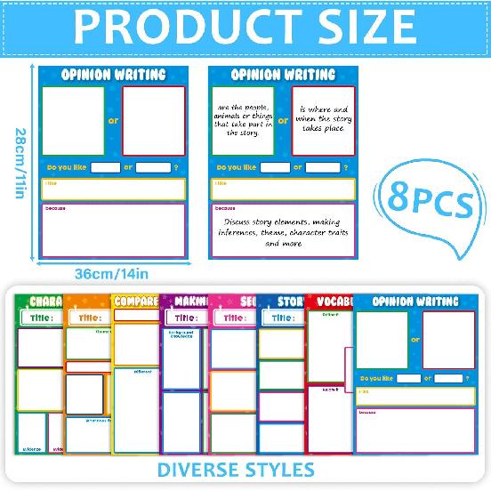 Qyeahkj 8 шт. Универсальная таблица для преподавания литературы Яркие цвета Бумага для доски для классной доски Анкерная таблица ELA для дошкольников и начальной школы