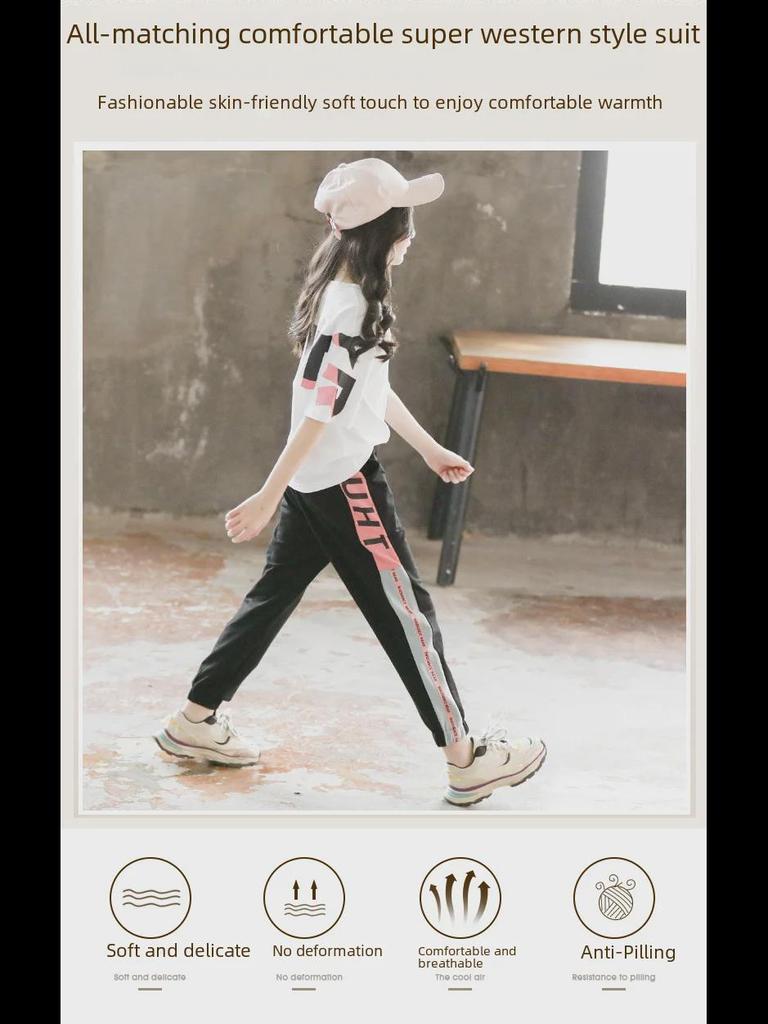 Новый летний спортивный костюм из двух частей для девочек: Топ и брюки с коротким рукавом для детей среднего и большого размера