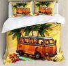 Surf Duvet Cover Hippie Classic Old Bus Surfboard Freedom Holiday Exotic Life Sketchy Art Yellow Orange Room Decor for Women Men