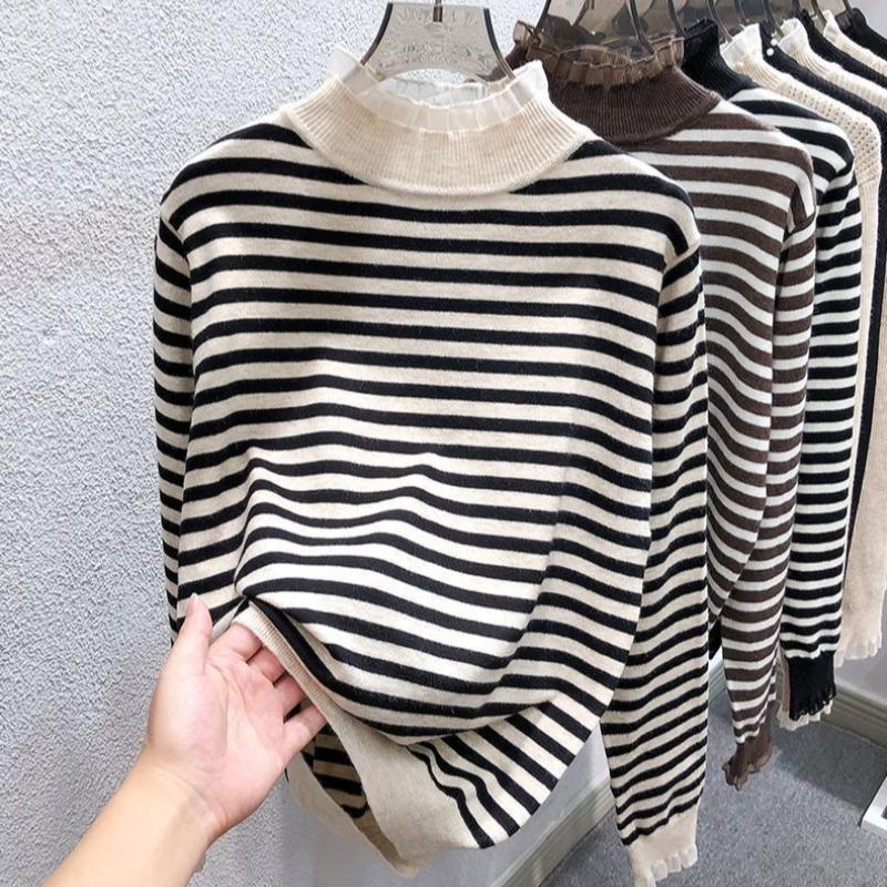 Модные облегающие свитера с высоким воротником и половинной длиной для женщин, осень-зима, полосатые, с длинным рукавом, вязаные топы, женские теплые джемперы 24873
