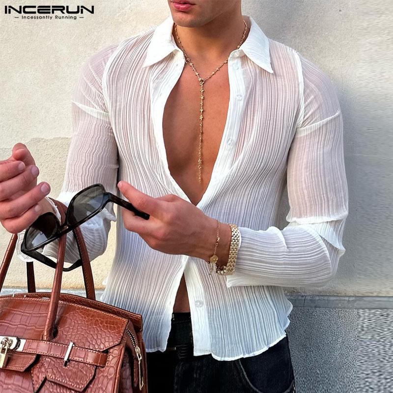 INCERUN Men Long Sleeve See Through Shirts Party Buttons Transparent Tops
